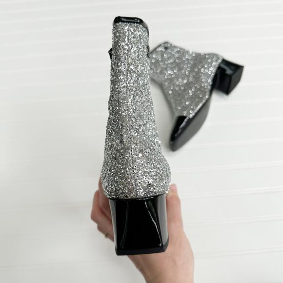 Chanel CC Sliver Glitter Ankle Boot Cap Toe Black Patent Bootie Milky Way Runway - Picture 11 of 16